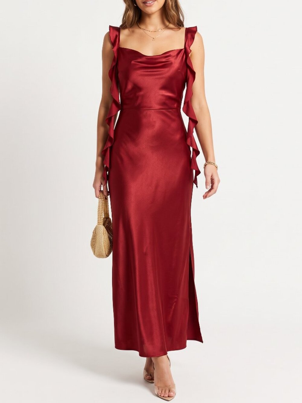 Satin Ruffle Strap Midi Dress